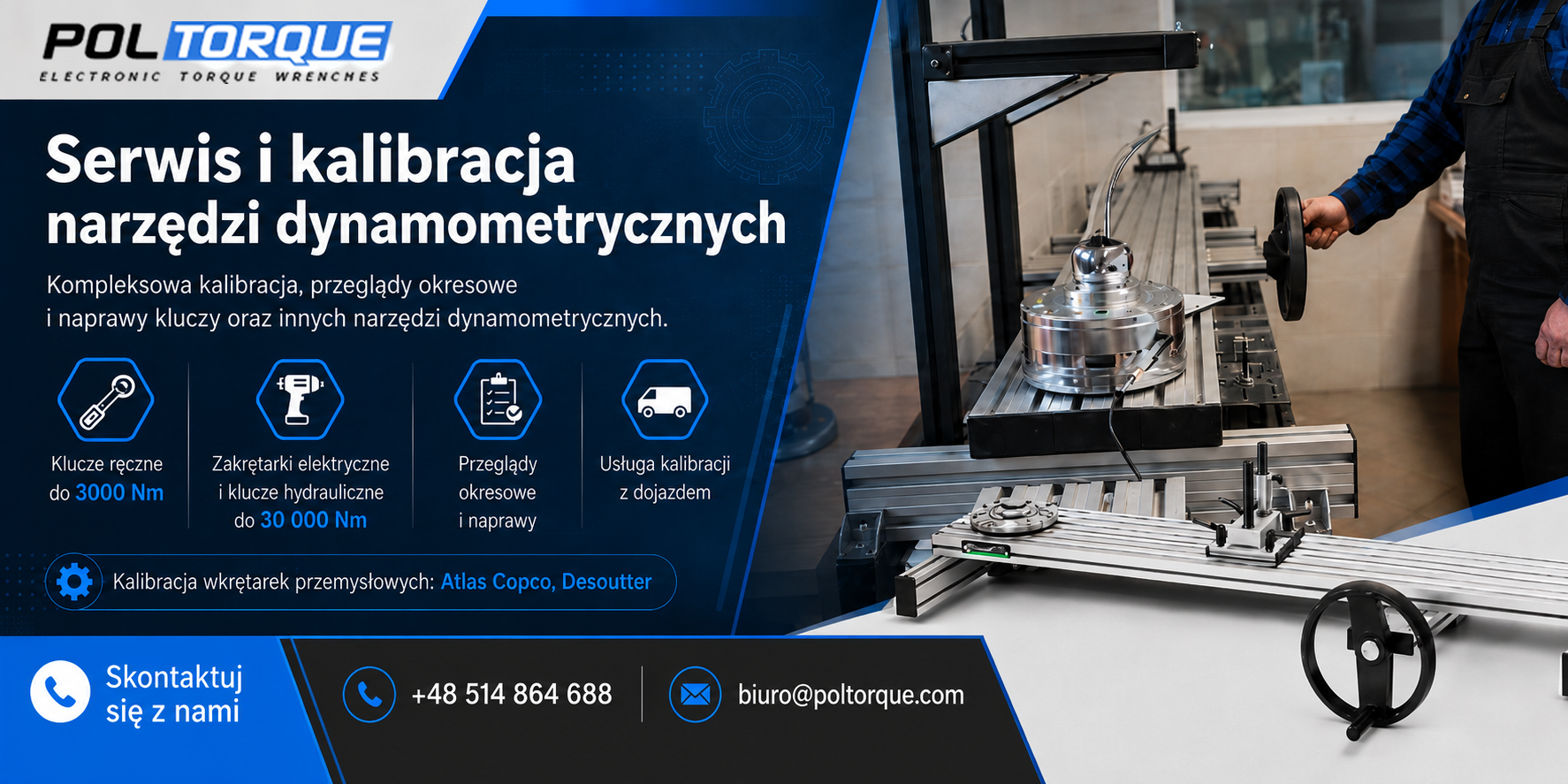 Grafika informacyjna o usłudze kalibracji oraz serwisie narzędzi dynamometrycznych